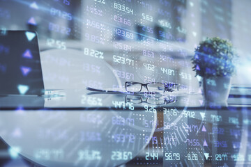 Double exposure of financial graph drawing and office interior background. Concept of stock market.