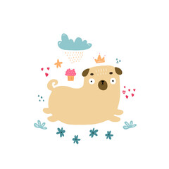 Fototapeta premium Cute little colorful pug in doodle style. Hand drawn vector illustration good for nursery design for children clothes, walls, cups.