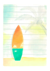 建物の白い壁に、海と空の絵柄が入ったサーフボードが立てかけてあり、ヤシの木の陰も映っている