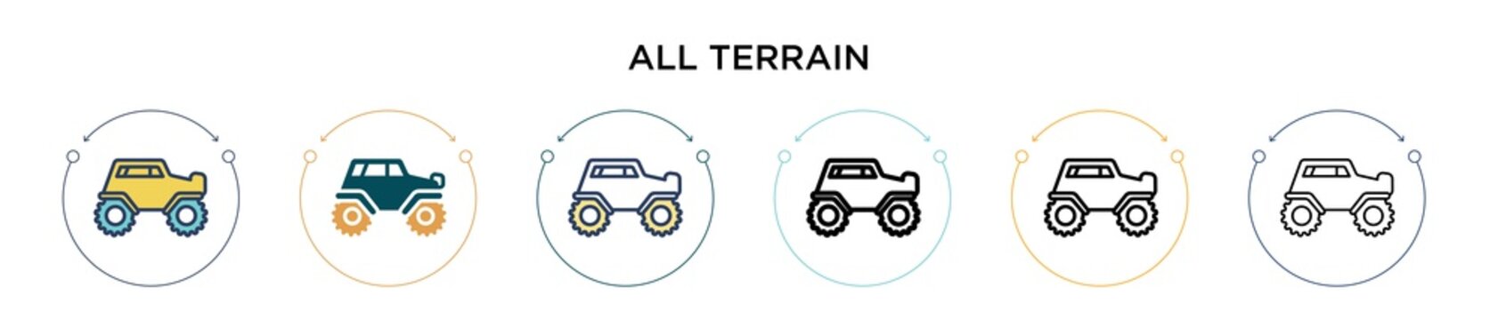 All terrain icon in filled, thin line, outline and stroke style. Vector illustration of two colored and black all terrain vector icons designs can be used for mobile, ui, web