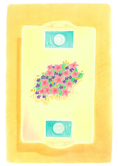 大きなテーブルに花束と2つのお皿がある、食事前の室内を俯瞰した景色