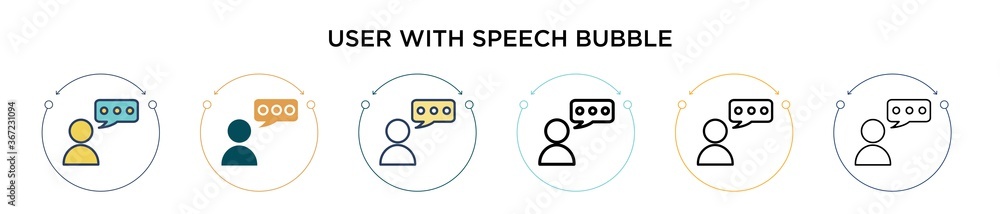 Poster user with speech bubble icon in filled, thin line, outline and stroke style. vector illustration of 