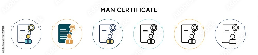 Poster man certificate icon in filled, thin line, outline and stroke style. vector illustration of two colo