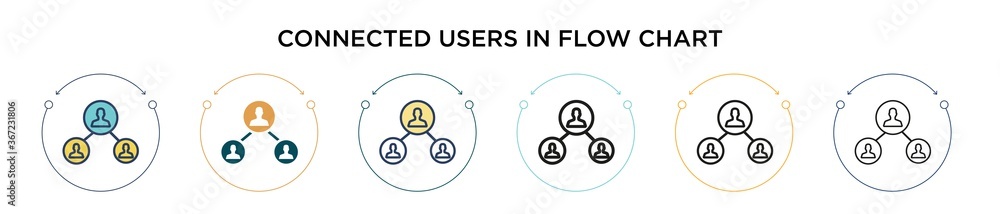 Poster connected users in flow chart icon in filled, thin line, outline and stroke style. vector illustrati