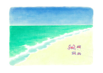 水平線が見える広い海に向かって、カニの家族が走っている。背景には、青い海

