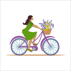 Feminine girl in green dress riding a bicycle with wildflowers in front basket -on a white isolated background.
