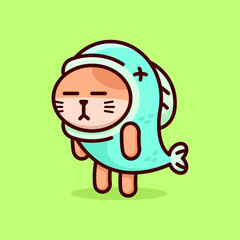 Fototapeta premium FUNNY CAT WEARING FISH COSTUME ILLUSTRATION