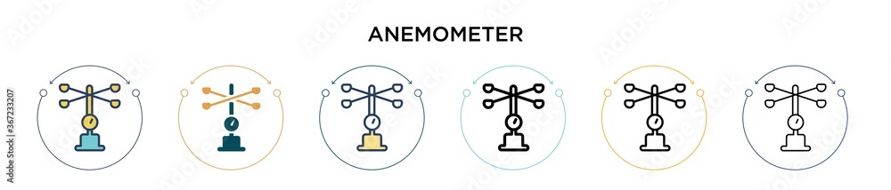 Poster anemometer icon in filled, thin line, outline and stroke style. vector illustration of two colored a