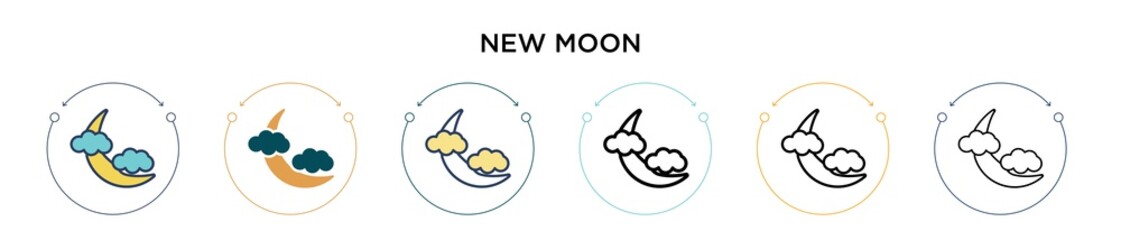 New moon icon in filled, thin line, outline and stroke style. Vector illustration of two colored and black new moon vector icons designs can be used for mobile, ui, web