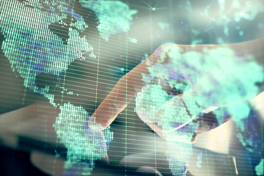 Double exposure of man's hands holding and using a phone and international business theme drawing.