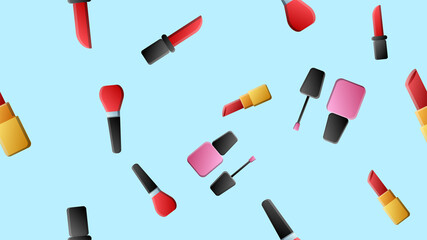 Hand drawn cosmetics seamless pattern. Nail polish, mascara, lipstick, eye shadows, brush, powder, lip gloss, hearts. Pink background