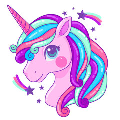 Magical Colorful Unicorn with Shooting Stars, Vector Illustration. 