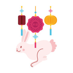 mid autumn festival card with rabbit and lace hanging flat style icon