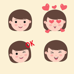 Set Cute Girl Emoticon  Positive Expression Vector