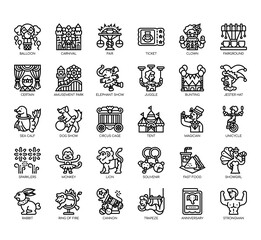 Set of circus thin line and pixel perfect icons for any web and app project.