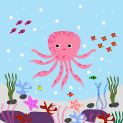 Sea Underwater World Squid Starfish illustration Vector.