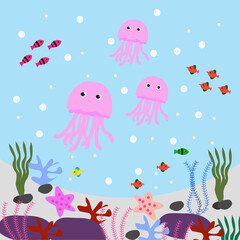 Illustration Vector Graphic of Water World Jellyfish Undersea Cartoon