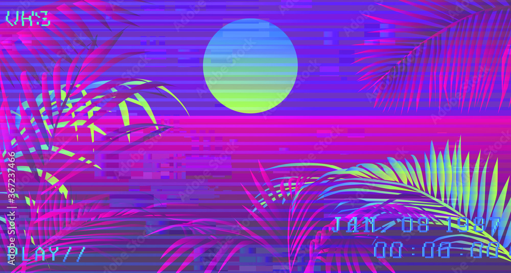 Poster ambient cyberpunk scene with palm leaves on glitched screen with vhs flickers and stripes. retro 80'