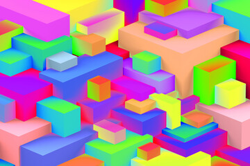 Fototapeta na wymiar Abstract geometric cubic holographic colorful in neon lights background. isometric 3d render.