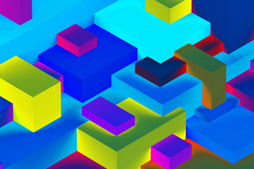 Fototapeta premium Abstract geometric cubic colorful in neon lights background. isometric 3d render.