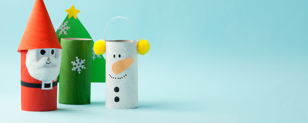 Merry christmas toy collection santa claus, snowman, tree on blue for Winter holiday concept...