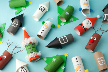 Collection of toys from toilet roll tube for new year, xmas decor. A terrible craft. School and...