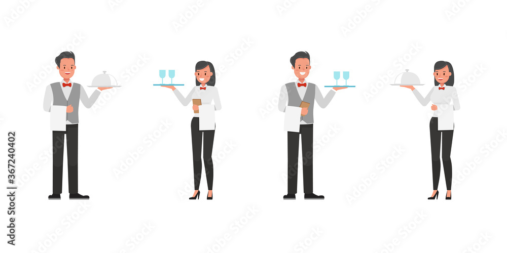 Poster set of waiters, man and woman character vector design. presentation in various action.