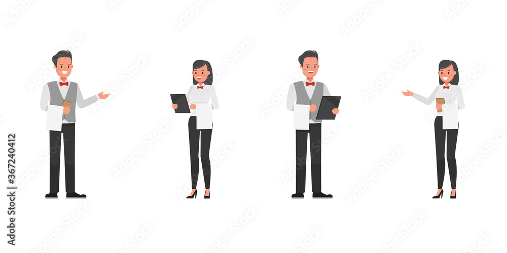Poster set of waiters, man and woman character vector design. presentation in various action.