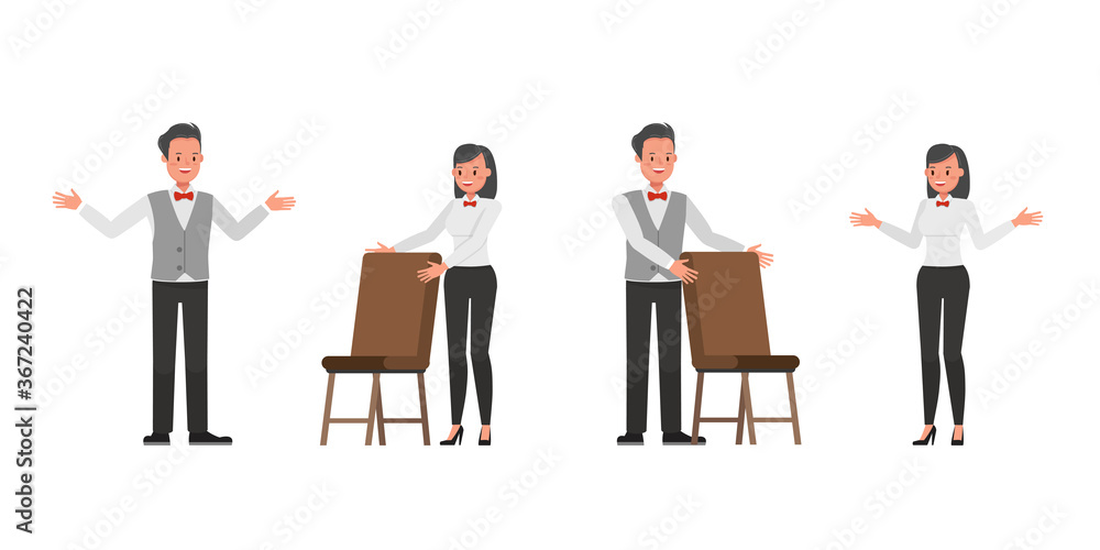 Poster set of waiters, man and woman character vector design. presentation in various action.
