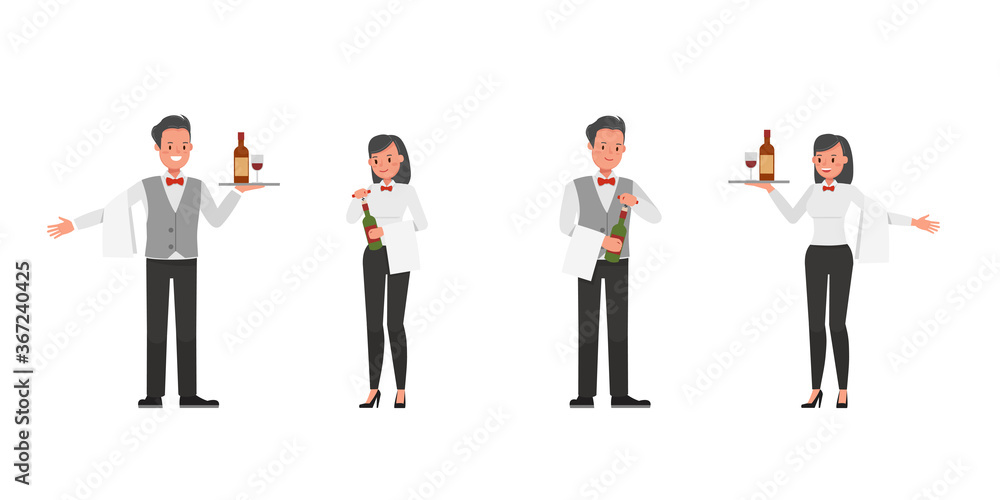 Poster set of waiters, man and woman character vector design. presentation in various action.