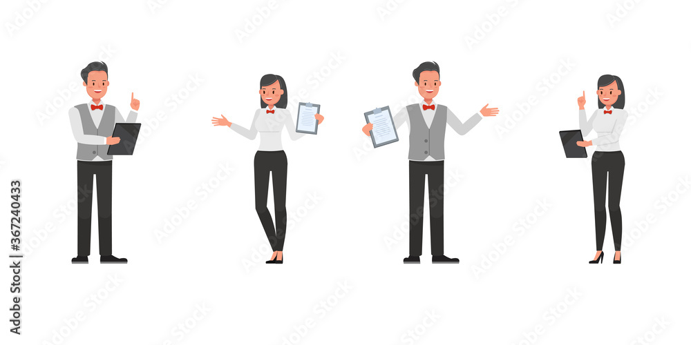 Poster set of waiters, man and woman character vector design. presentation in various action.