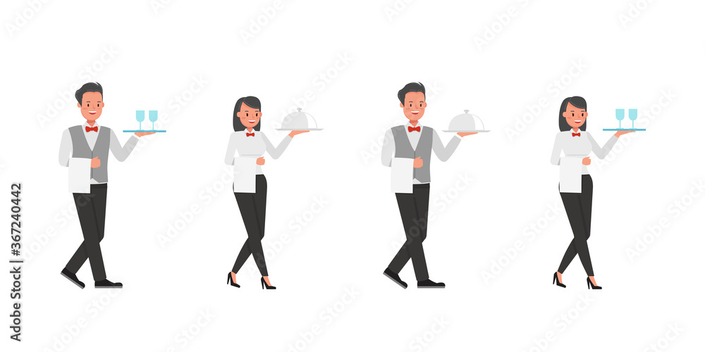 Poster set of waiters, man and woman character vector design. presentation in various action.