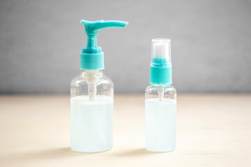 Coronavirus or covit 19 prevention medical surgical masks and hand sanitizer gel for hand hygiene corona virus protection.