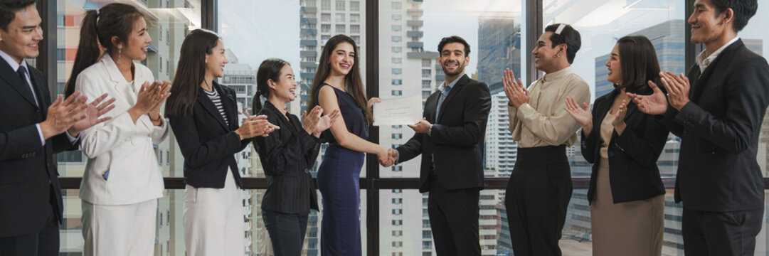 ceremony of business people receiving business certificate