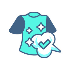 Tee shirt disinfection with cleaning product. Shining cleaning stars with bubbles and check symbol isolated icon