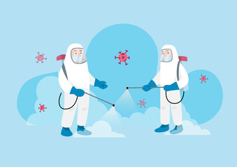 Worker in protective hazmat suit spraying cleaning and disinfecting virus, COVID-19, nCoV coronavirus disinfects, vector illustration in flat style