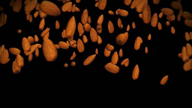 Flying many almonds nuts on black background. Foodstuff, Healthy food, Diet. 3D animation of almond rotating. Loop animation.