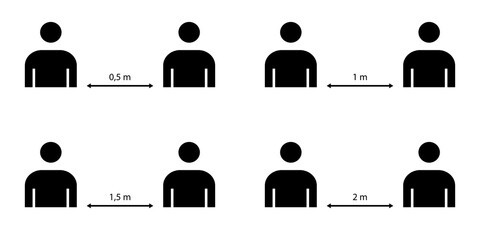 Distanciamiento social. Iconos de personas que apoyan la distancia social para prevenir la propagación del virus. El concepto de cuarentena y coronavirus. Diferentes distancias. Aislamiento social 