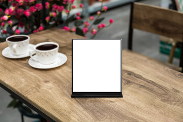 Mockup blank menu frame on table in restuarant