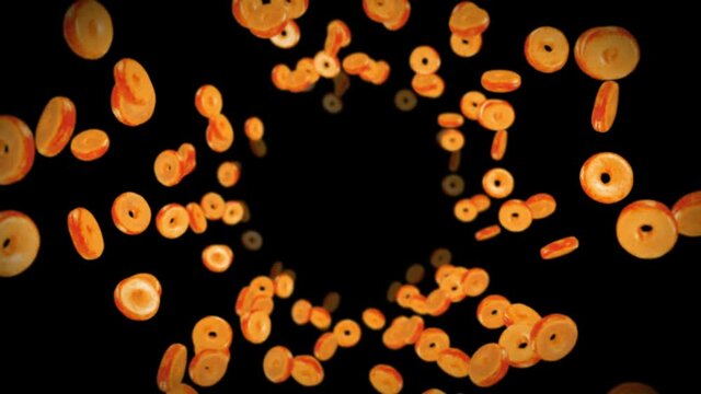 Flying many plain donuts on black background. Doughnut cake, Sweets, Dessert. 3D animation of donut rotating. Loop animation.