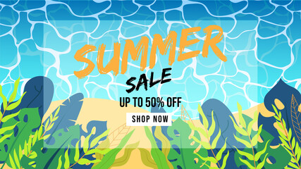 Fototapeta na wymiar Summer Sale Background with Tropical Leaf in The Beach and Water Surface Texture