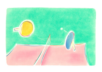 ピンクの卓球台の上で、青とピンクのラケットが
球を打ち合い踊っている