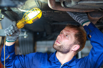 Fototapeta na wymiar Male auto mechanic working at the repair shop.
