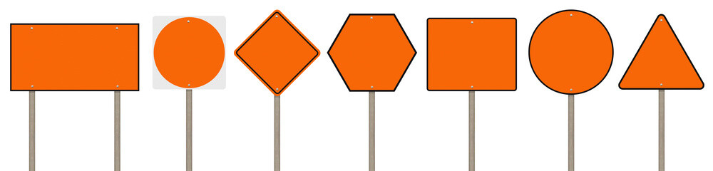 Collection of blank orange road sign or Empty traffic signs isolated on white background. Objects clipping path © sichon