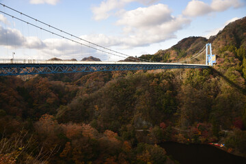 Fototapeta na wymiar 秋の深まる紅葉に包まれる吊橋