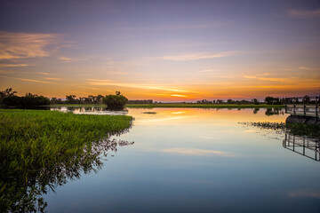 Enjoying the sunset scape at Yellow Water wetland in Kakadu National Park of Australia