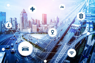 Smart transport technology concept for future car traffic on road . Virtual intelligent system...