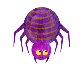 Purple, cartoonish, cute spider with yellow eyes and fangs. Insects for Halloween. Lettering, painted with watercolor on a white background. For festive decor.