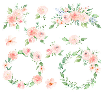 Wreaths, floral frames, watercolor flowers pink roses, Illustration hand painted. Isolated on white background. Perfectly for greeting card design.