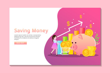 Saving money landing page with woman and a pink piggy bank